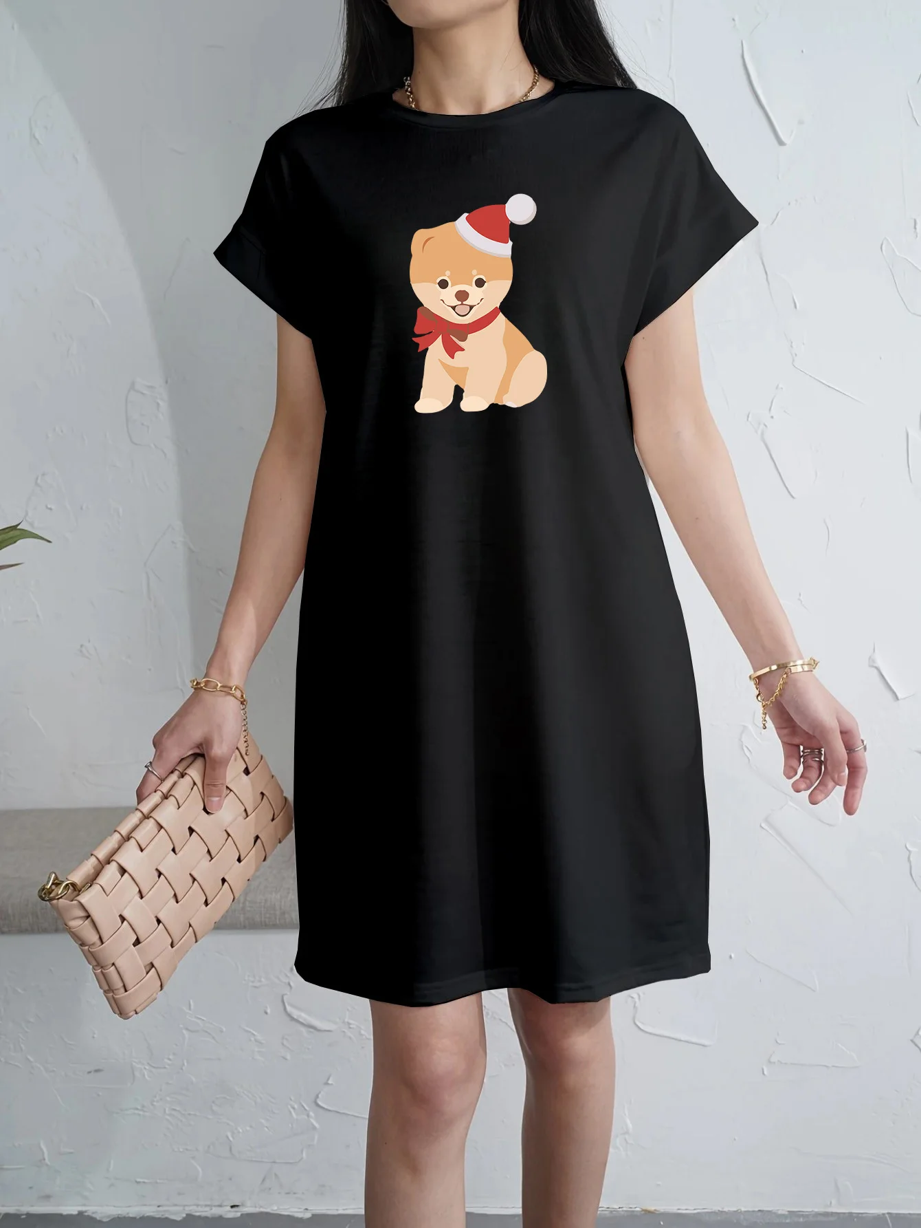 

Plus Size Women's Casual Short Sleeve Dress with Cute Cartoon Cat Santa Hat Print Lightweight Breathable Crew Neck Summer Dress
