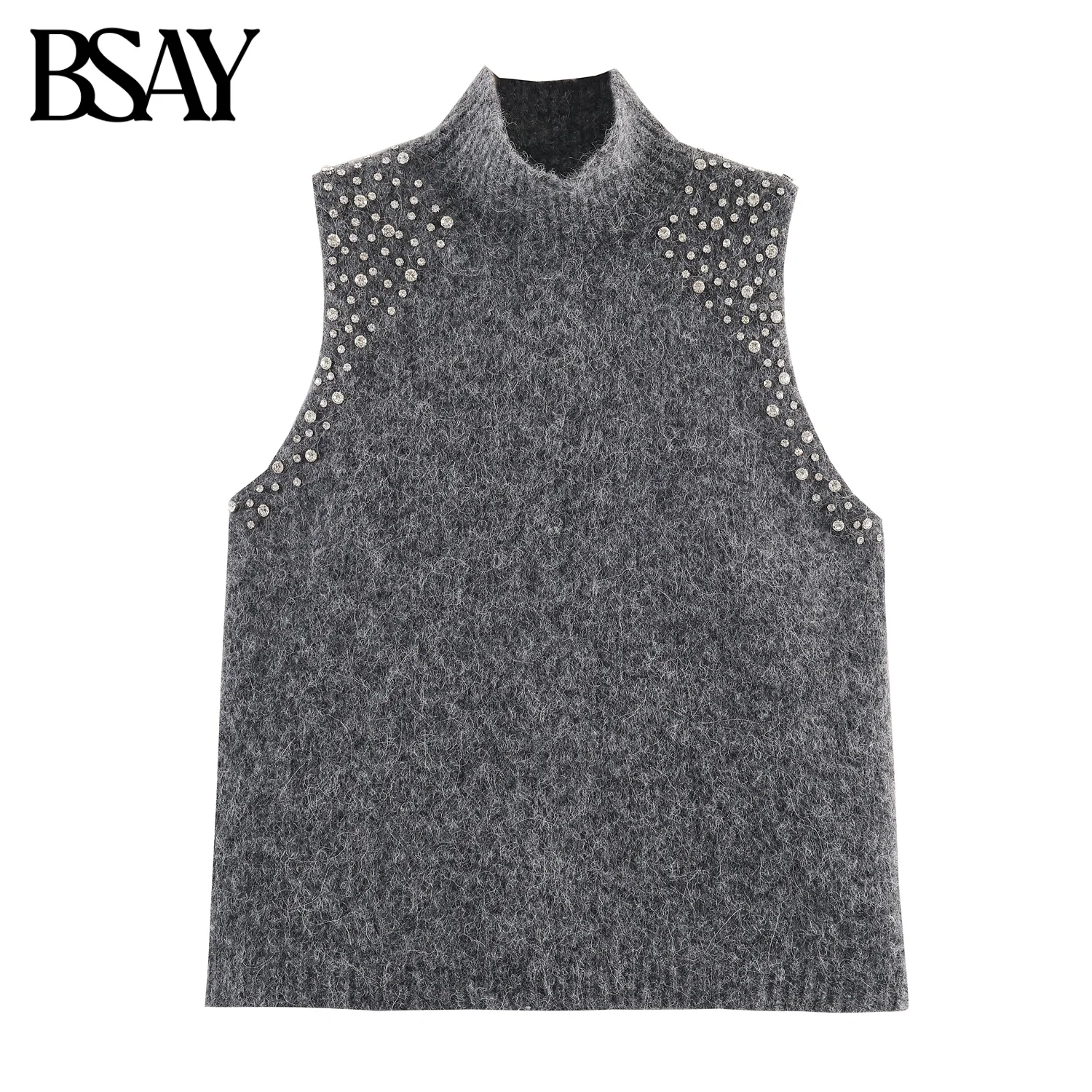

BSAY Blended Jewelry Bead Top for Women Fashion Autumn Winter New Solid Turtleneck Pullover Vest Chic Ladies Crop Tops Mujer