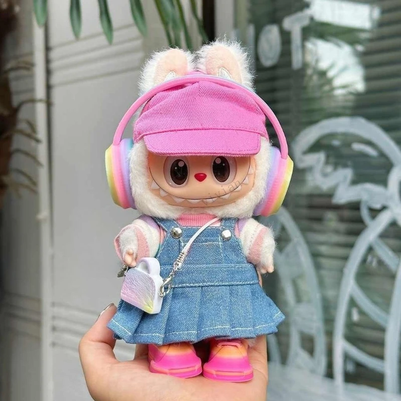 Denim Strap Skirt Baseball Cap for Labubu Big Into Energe Doll T-Shirt Skirt Clothes for V1/V2/V3 Doll Outfit Accessories Gift