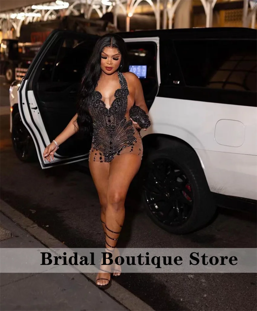 Seksowne świecące czarne diamenty krótka sukienka na studniówkę brokatowe kryształy Rhinestone koralik urodziny suknia koktajlowa Vestidos dostosowane