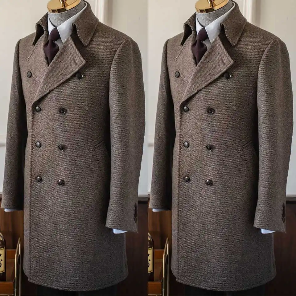 

Vintage Herringbone Woolen Overcoat Men Thick Customized Handsome Single Breasted Pocket Coat Casual Winter Warm Coat