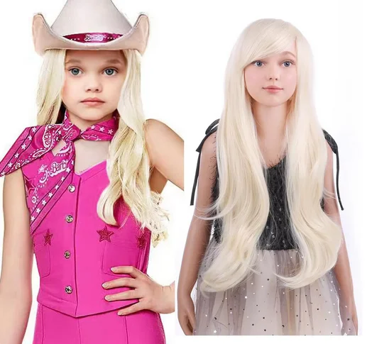 Barbie londe Wigs for Kids Girls Long Curly Wavy Blonde Wig with Bangs Synthetic Halloween Cosplay Costume Party Wig