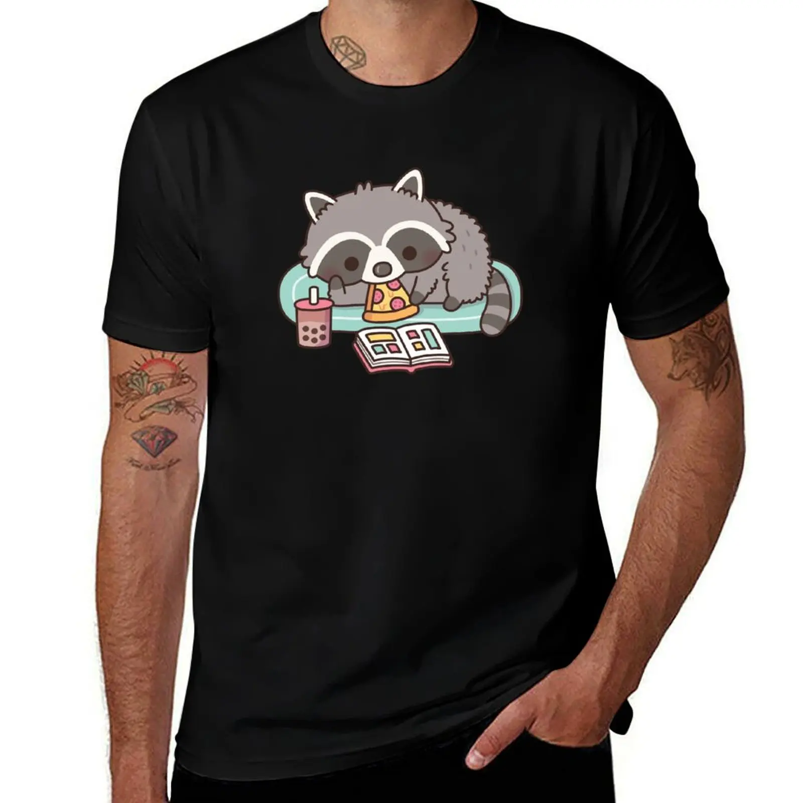 

Cute Raccoon With Pizza Bubble Tea And Manga T-Shirt man tshirt t shirts cotton 100% graphic t shirts for man T-Shirt