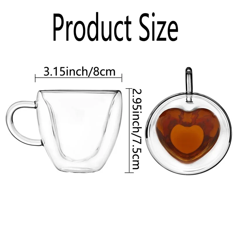 1/2pcs Heart Cup Couple Cup Double Layer Glass Insulated Clear Tea Cups with Handle for Coffee,Cappuccino, Latte, Milk Drinkware image 6