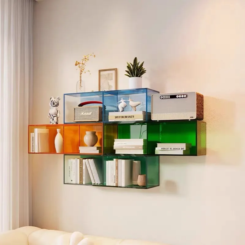 

Acrylic Bookshelf Modern Light Luxury Living Room Bedroom Wall Shelf Color Layered Bathroom Wall Mounted Display Cabinet