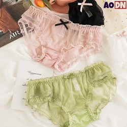 Cute See-through Mesh Girls Panties Comfortable Ruffle Edge thong Loose  Waistband Women Underpants Wrap Buttocks Female Briefs
