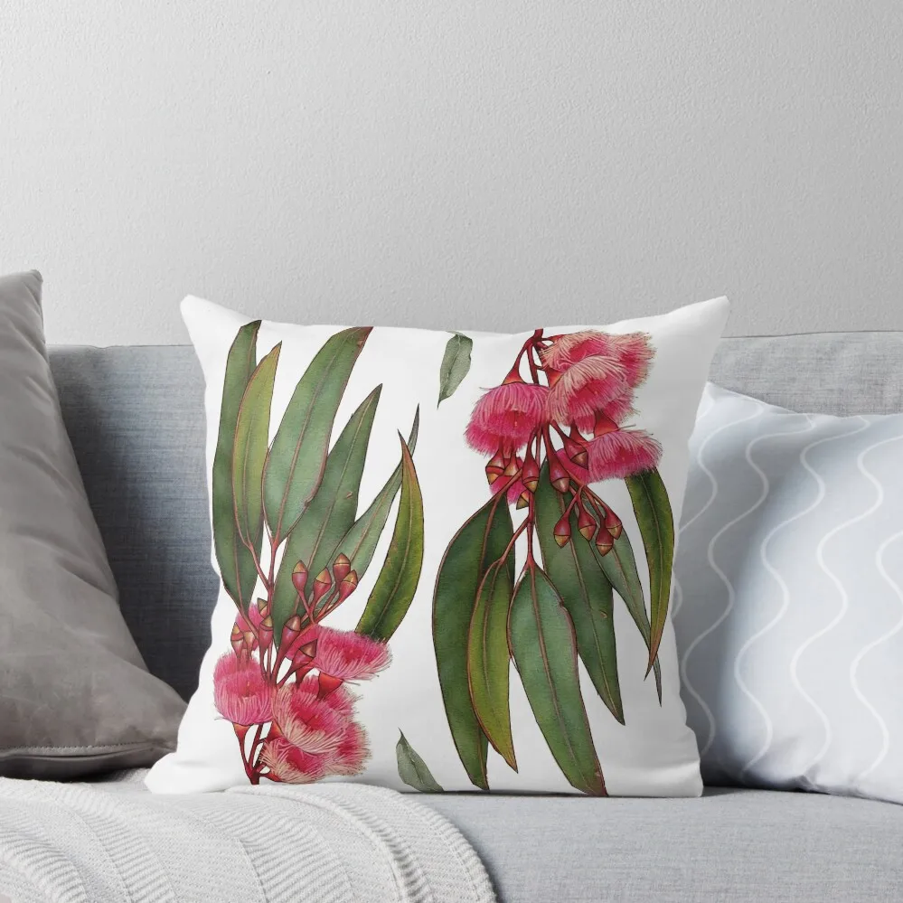 Goma de floración rosa australiano nativo hojas de eucalipto rama de árbol acuarela cojín para sentarse