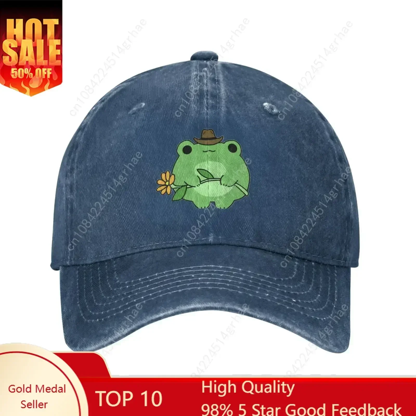 Cute Frog Flower Adjustable Washed Denim Cotton Low Profile Man Dad Trucker Hat Fitted Baseball Ball Cap for Men Unisex Headwear