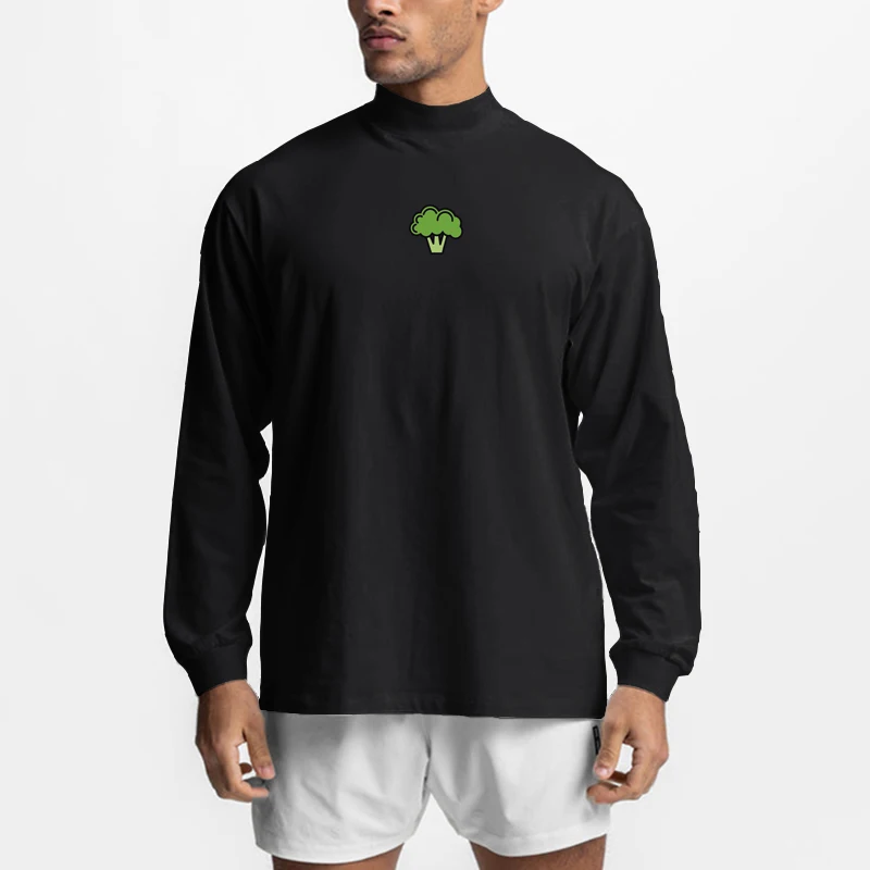 Brokkoli Baumwolle Übergroße Lauf T-shirts Herren Herbst Rollkragen Dropped Schulter Lose Gym Sport Fitness Langarm T Shirt