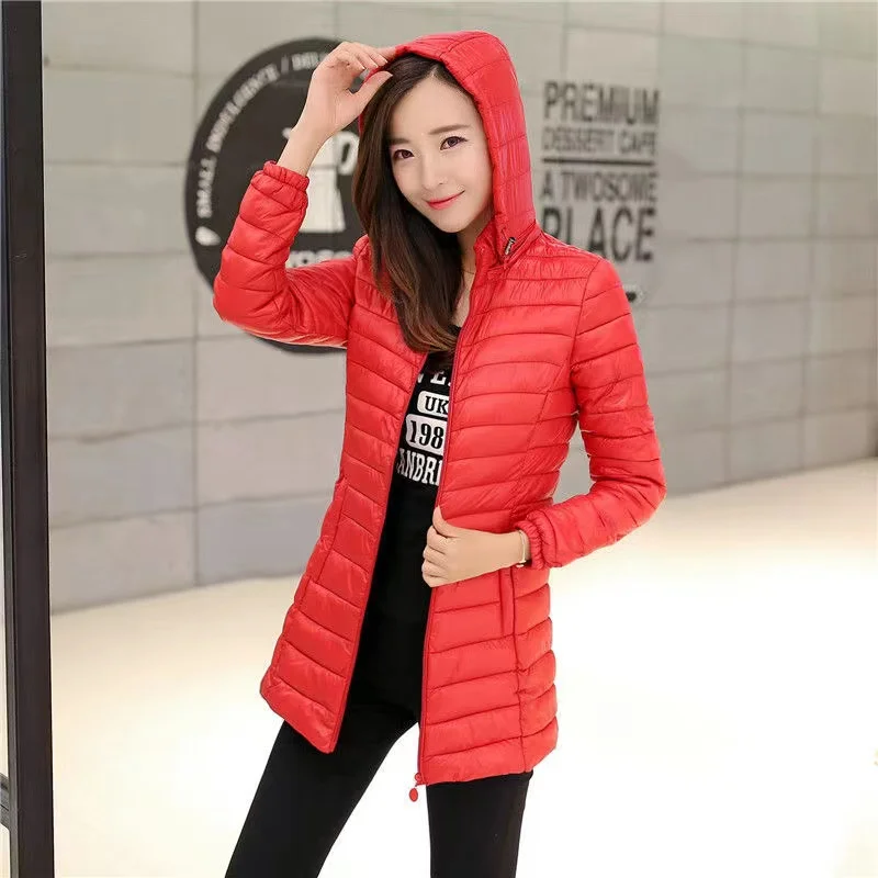 2023 Newautumn Lichtgewicht Donzen Katoenen Jas Dames Jas Effen Capuchon Overjas Vrouwelijke Mid Long Puffer Jassen Casual Tops 6xl