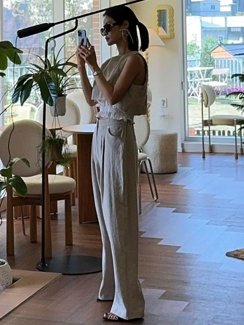 ผ้าฝ้ายลินิน Svel เสื้อกั๊กเอวสูง ort ความยาว Anti-Light การจับคู่ขากว้างกางเกงขายาวผู้หญิงหวาน Sle ชุด