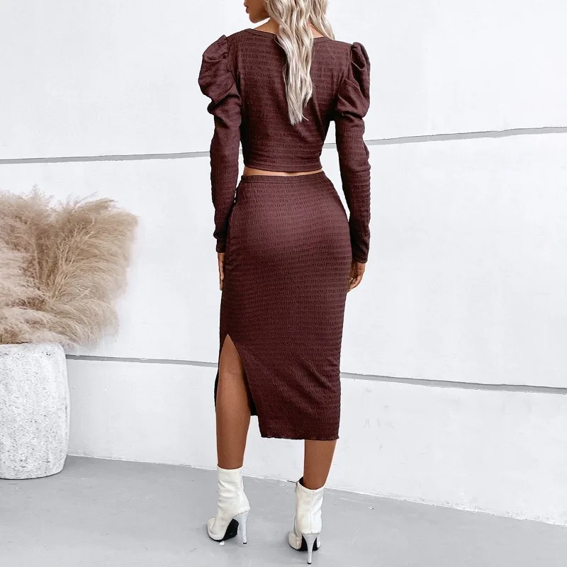 Women Autumn and Winter Temperament Elegant Suit Bubble Sleeve Top Hip Skirt