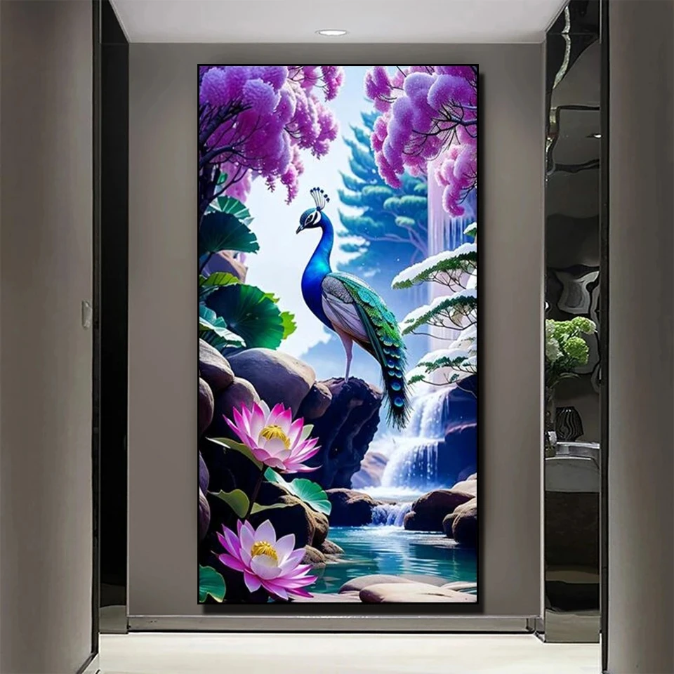 Large Purple Peacock Waterfall Lotus Diamond Painting New 2023 Full Diamond Embroidery Rhinestone Picture Landscape Art Y1059