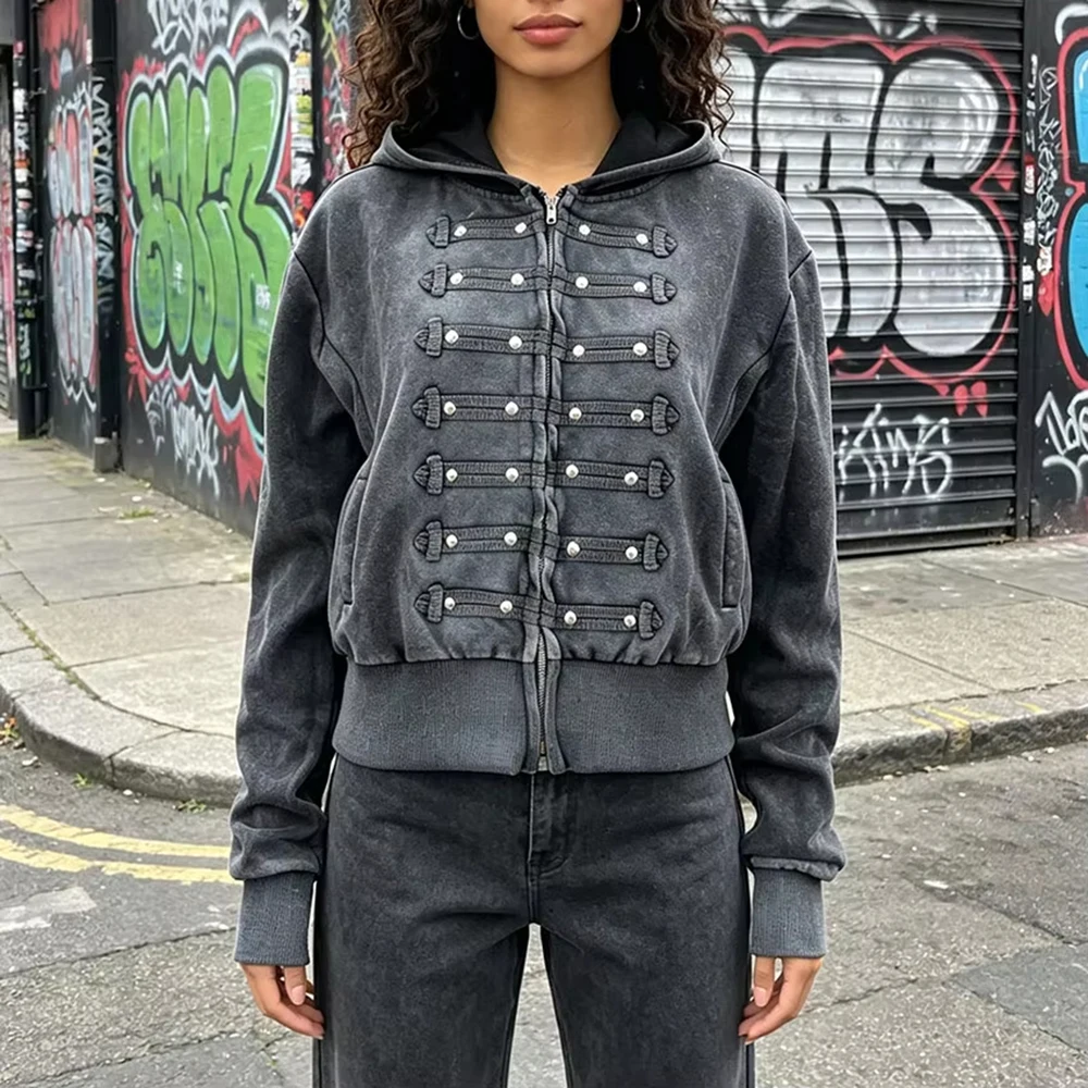 Autumn and winter new style zipper front placket multi-rivet decoration vintage Y2K cardigan sweater