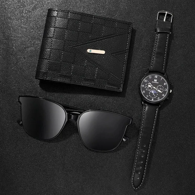 Fashion Mens Watches Wallet Glasses For Men Retro Black Bussiness Quartz Watch Male Casual Watch Relogio Masculino