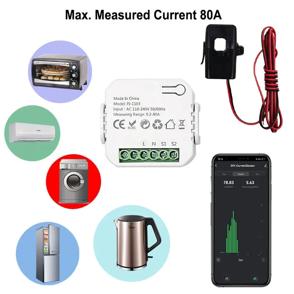 Tuya Smart WiFi Digital Energy Monitor 80A with Current Transformer Sensor 1CT App Power Consumption Monitor 110V 240V 50/60Hz