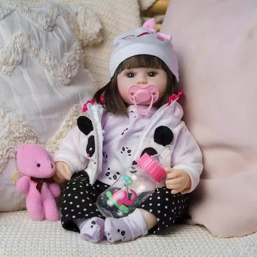 

48 см детская кукла реборн, игрушка из мягкого силикона, милая панда, ткань, тело, короткие волосы, спящая кукла для маленьких девочек, подарок для малышей