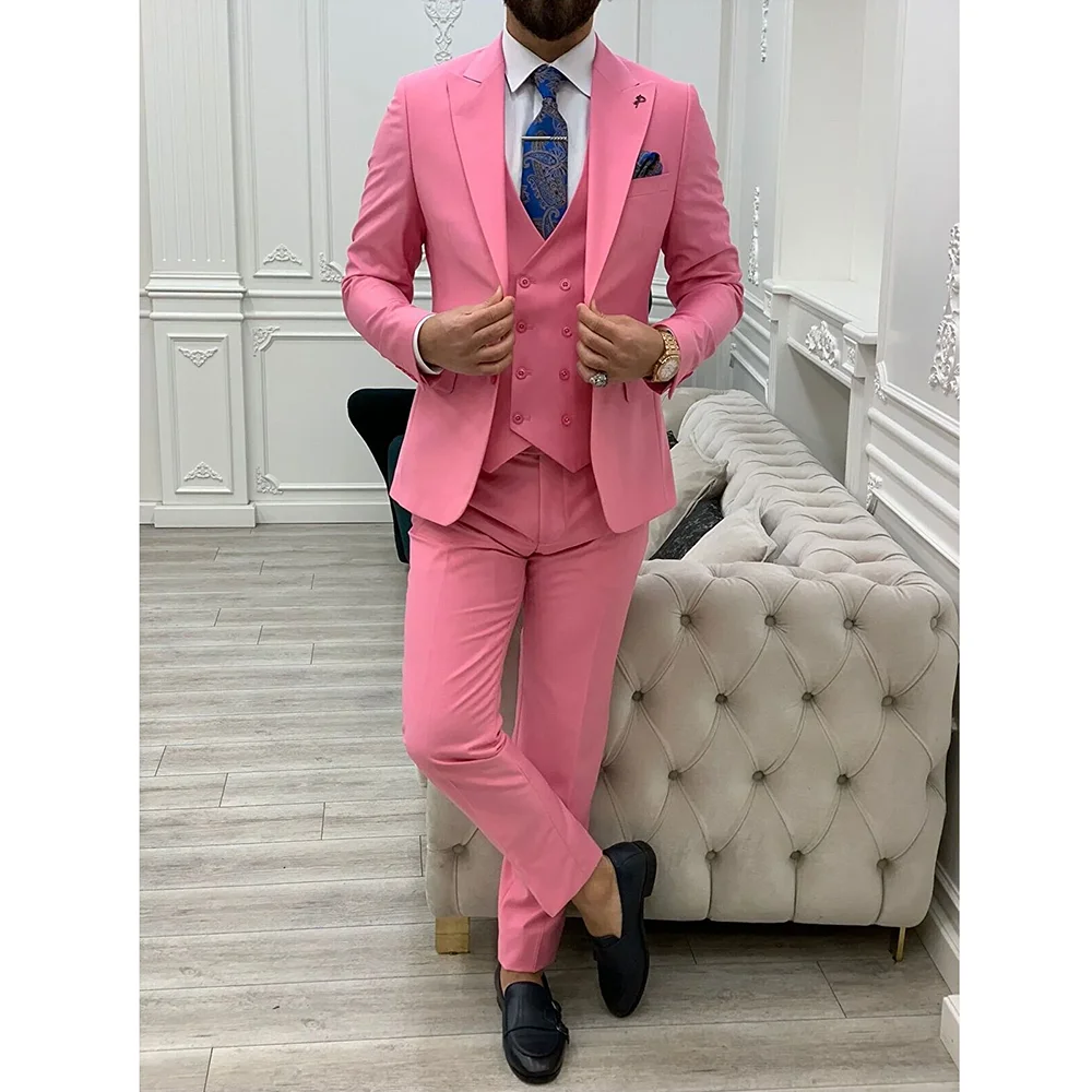 

Fashion Pink Men Suits 3 Piece (Blazer+Vest+Pants) Chic Peak Lapel Single Breasted Male Suit Slim Daily Casual Wedding Tuxedo
