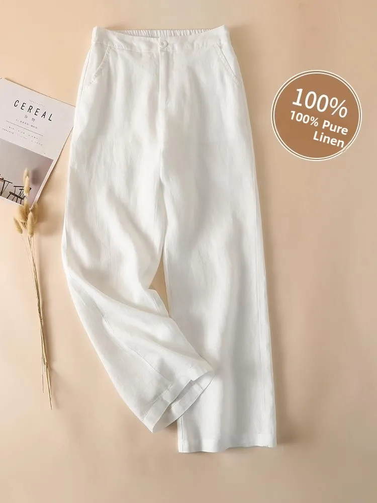 

Pure Linen Wide Leg Women's Pants High Waist Nine Points Slimming Casual Straight Long Trousers Thin Linen Material Drapey