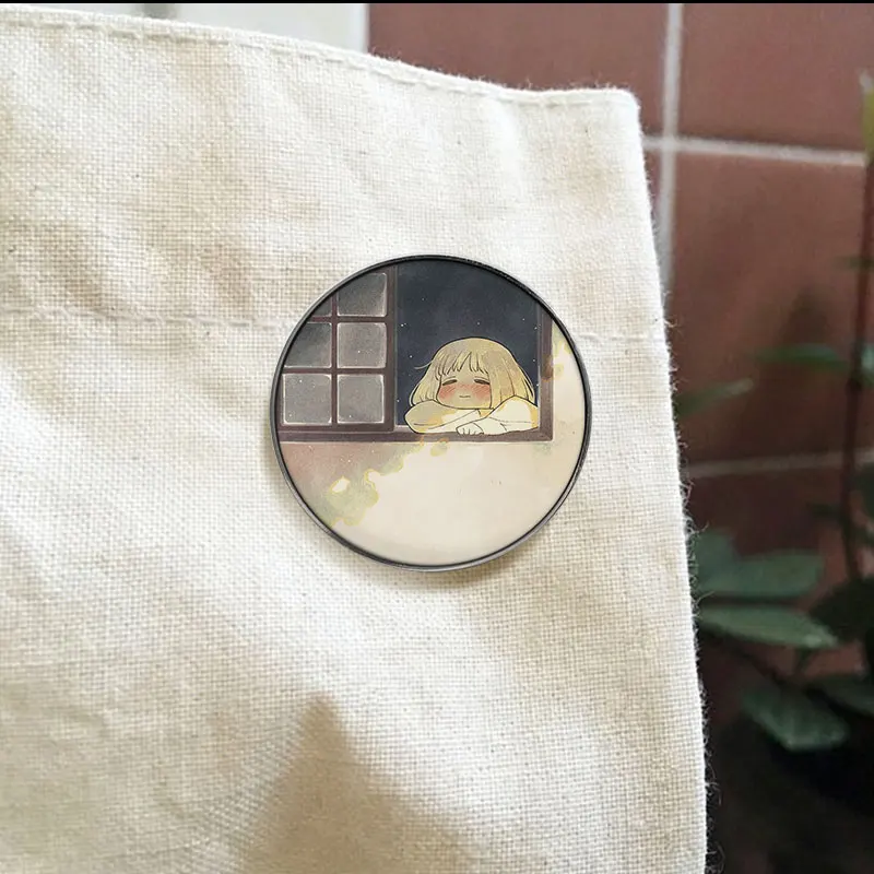 Cute Girl UV Printing Badge Looking Out Window And Starry Night Pin Dreamy Jewelry Metal Brooch For Teen Girl Gift
