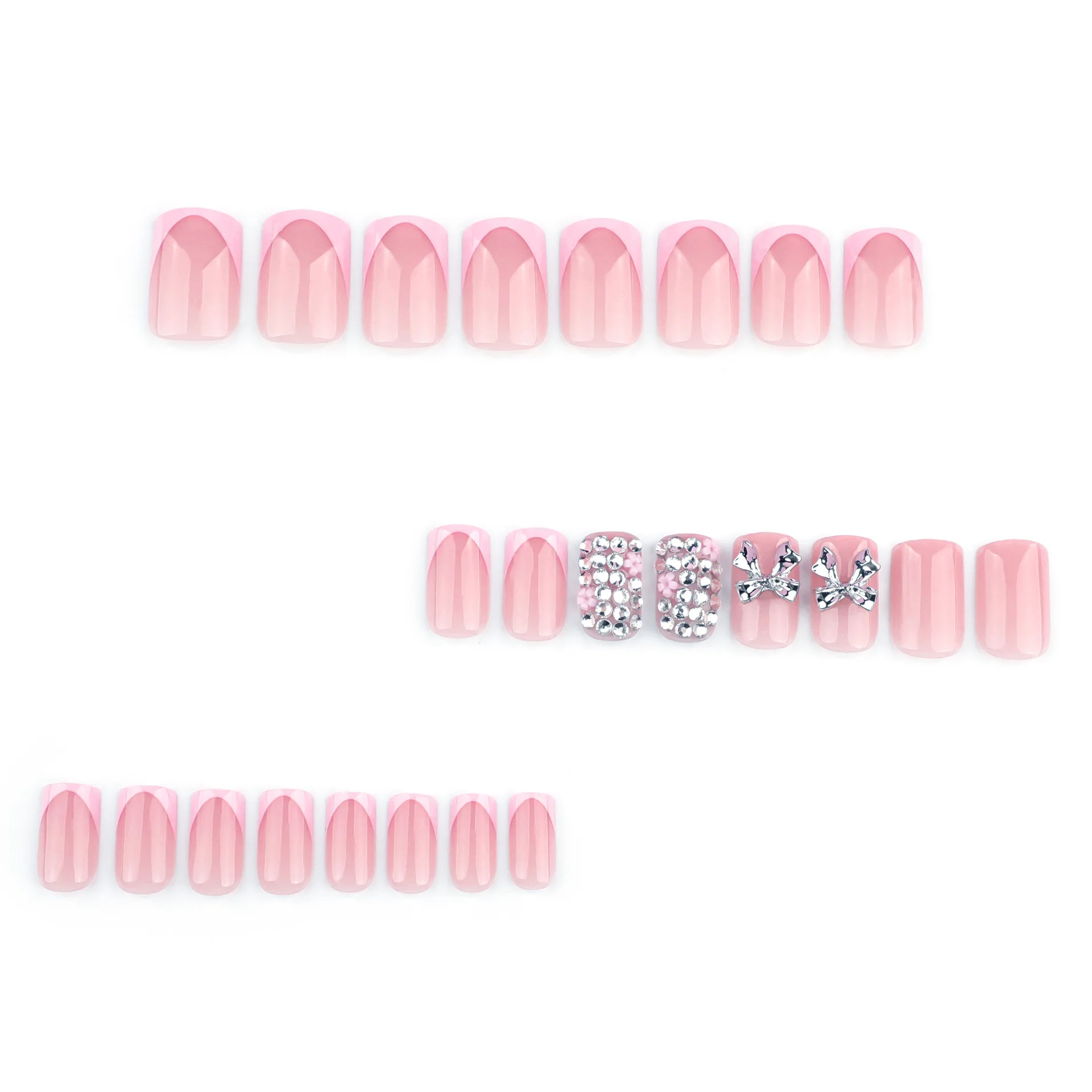 24pcs French Style Pink False Nails Short Square Metal 3D Bowknots Decor Press On Nails Flash Diamond Charming Fake Nail Patches