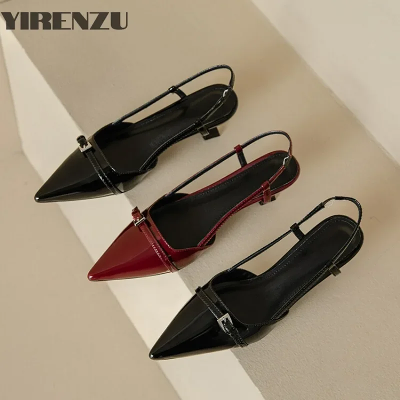 2024 New Summer French Wine Red Pointed Patent Leather Mid-heel Overhead Sandals for Women Retro Skinny Heel Back Empty Shoes