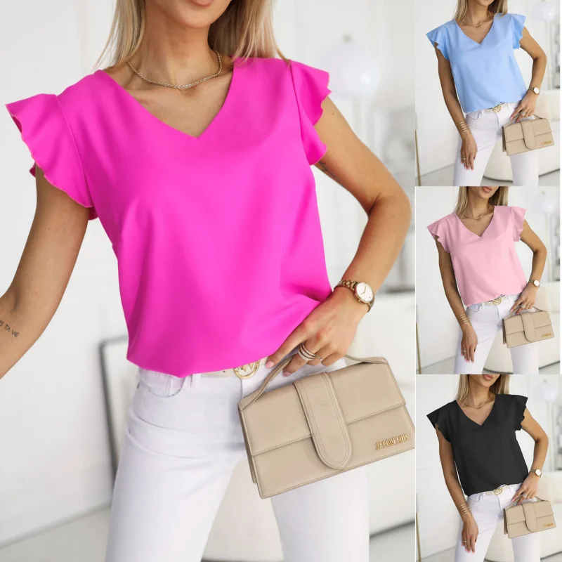 

2025Summer Women's Fashion Hot Sale2025Hot-Selling Ruffle Sleeve Solid Color ShirtvCollar top 882504