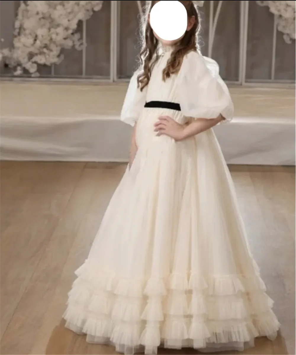 

Customized Flower Girl Dress For Wedding High Waist Neck Half Sleeves Puffy Tulle Pleated Kids Birthday First Communion Gowns