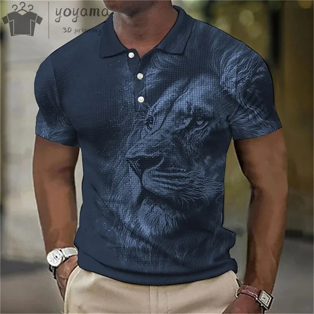 Summer Men Polo Shirt Animal Print 3D Simple Lapel Men\'s Shirts Lion Print Men\'s Short Sleeve Shirts Casual Men\'s Clothing Tops