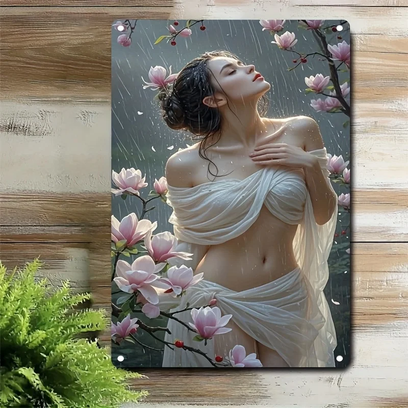 Chinese Style Metal Wall Art Decor - Traditional Woman Cherry Blossom Iron Sign for Home Office Cafe Bar, Elegant Asian Wall Po
