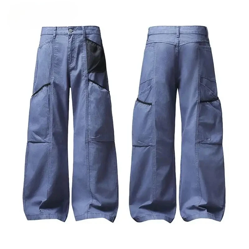 

Men's Trendy Workwear Blue Multipocket Cargo Pants Summer American Style Design Straight Loose Fit Washed Trousers 9X3633