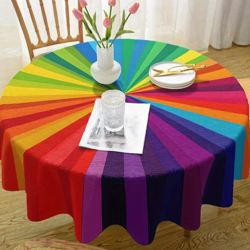 1 bright rainbow-striped round tablecloth, bohemian kitchen and dining decor