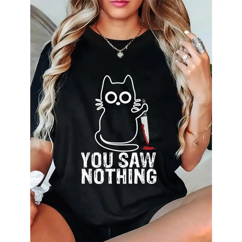 

Funny Cat With Knife T-Shirt, You Saw Nothing Graphic Tee, Women's Men's Cute Murder Cat Top, Retro Vintage Dark Humor Shirt