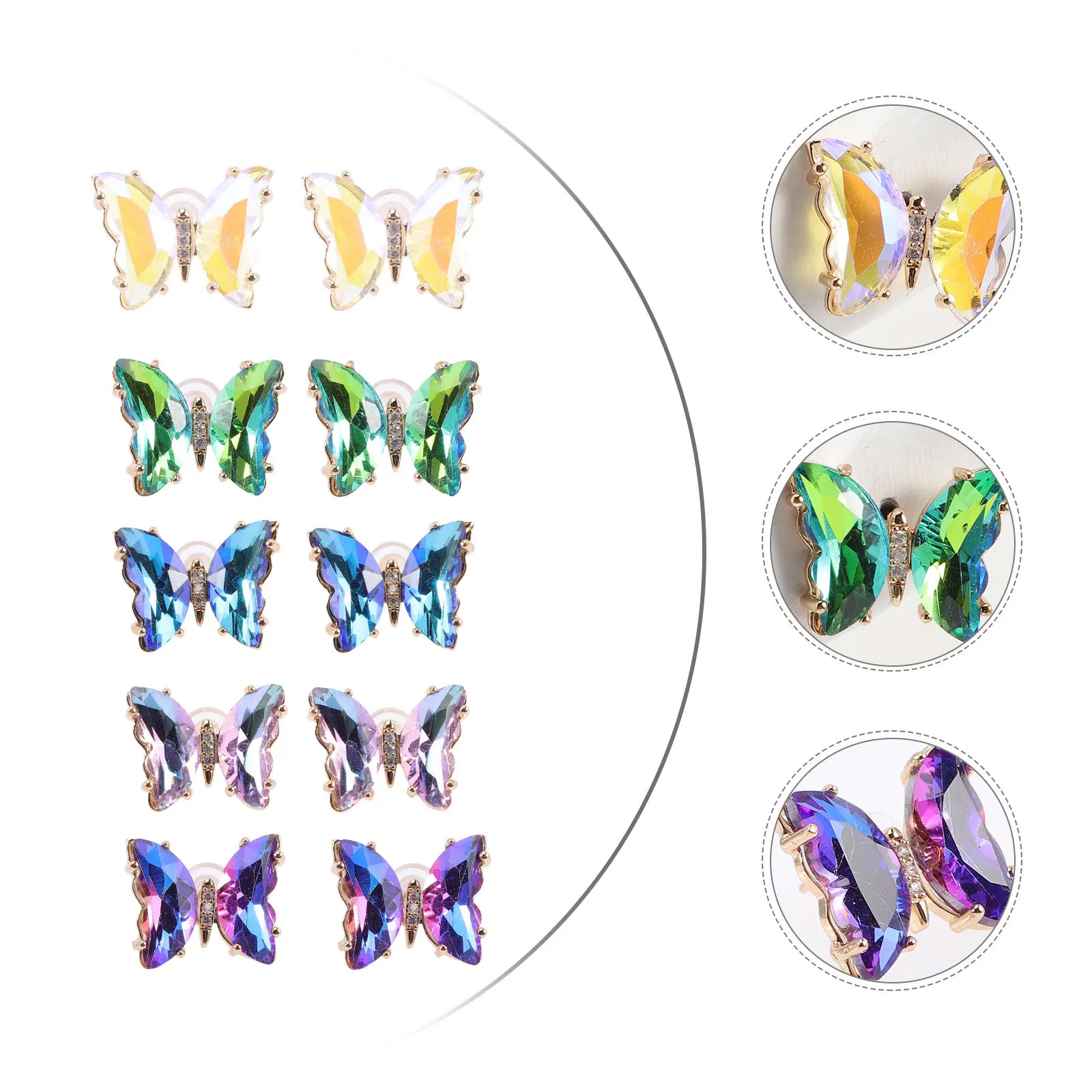 

5Pairs Iridescent Glass Butterflies Earrings Delicate Crystal Studs for Women Girls Skin-Friendly Long-Lasting Wear Shiny Ear