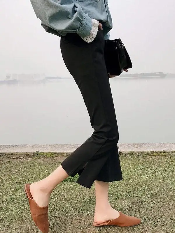 Summer Thin Ice Silk Women's Micro Flared Pants Low Waist Elastic Waistband Black Straight Leg Ankle-Length Bell Bottoms
