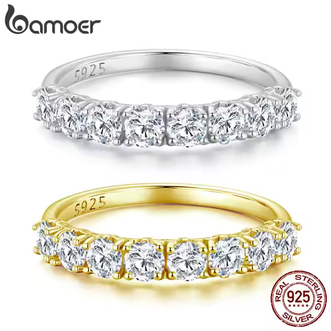 BAMOER Stackable Patterned Moissanite Ring Half Eternity Ring Setting in Row 925 Sterling Silver D Color for Women Wedding Gift