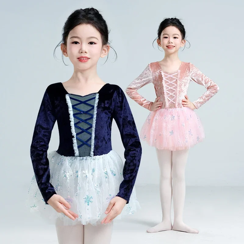 Girls Ballet Leotards Long Sleeve Dance Tutu Dress Kids Child Velvet Ballet Bodysuit with Tutu Skirt Snowflake Sequins Outfits