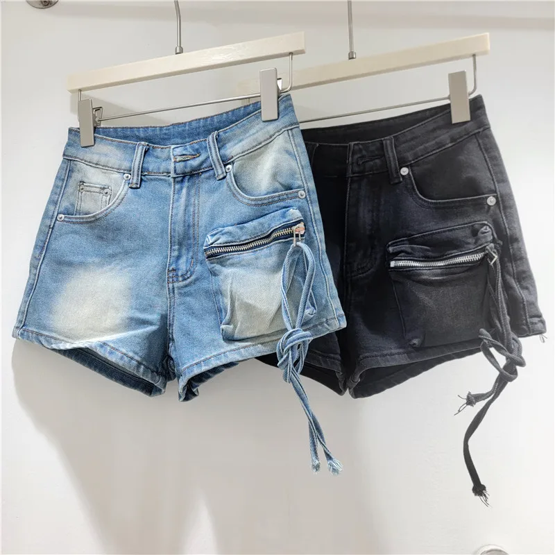 

American Retro Women's Denim Shorts Summer Casual Fashion Female High Waisted Workwear Pocket Design Washed Slim Hot Pants