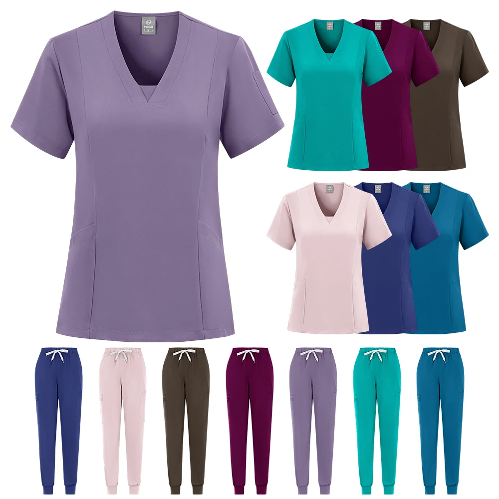 New Short Sleeve Scrubs Top with Pocket Pants Medical Nurse Uniforms Doctor Surgery Overalls Spa Outwear Beauty Salon Workwear