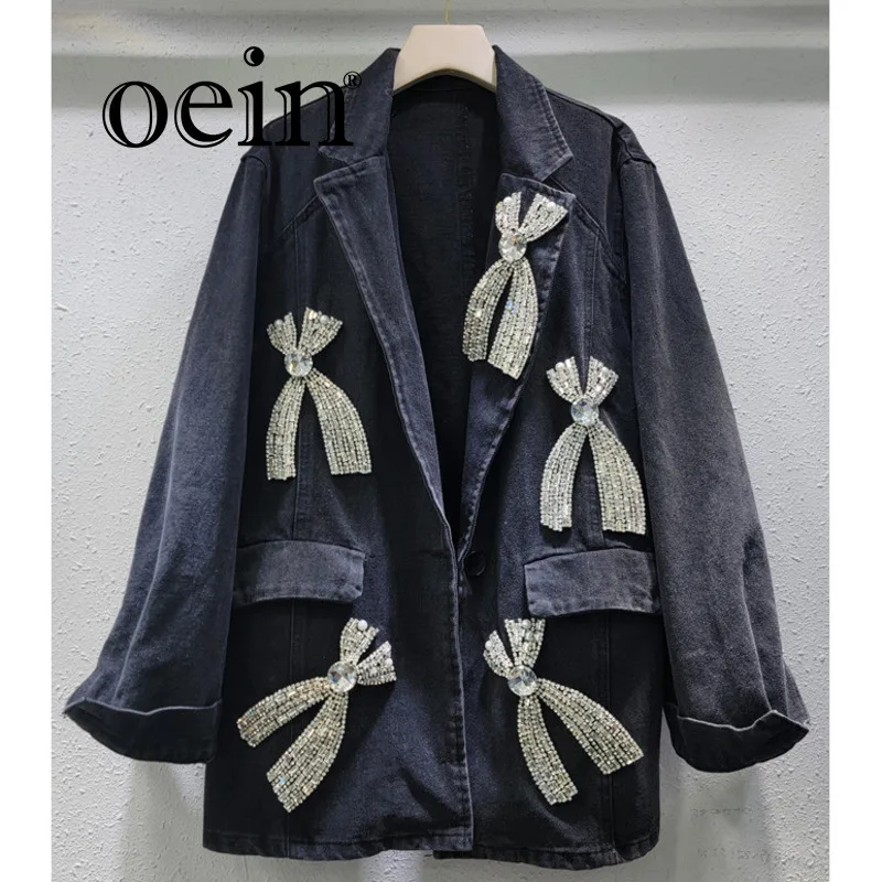 [oein] 2024 Autumn New Style Design Sense Heavy duty Water Diamond Bow Decoration Denim Suit Coat Women's Trendy