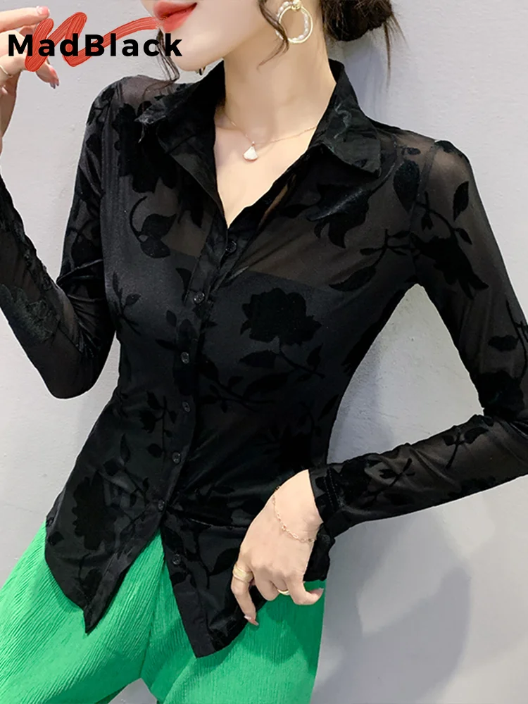 MadBlack Spring Flocking Printed Shirt Sexy Sheer Women Turn Down Collar Long Sleeves Mesh Tops Clubwear Shirts New Fall T32522Z