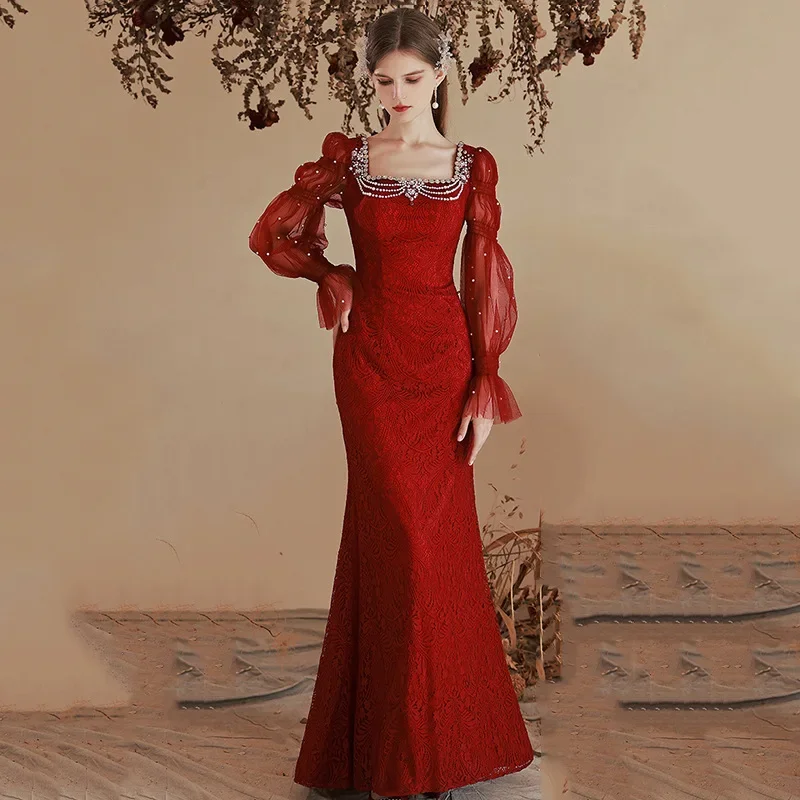 Square Neck Women Qipao Burgundy Bridal Wedding Mermaid Dress Slim Elegant Cheongsam Vintage Long Sleeve Maxi Dress