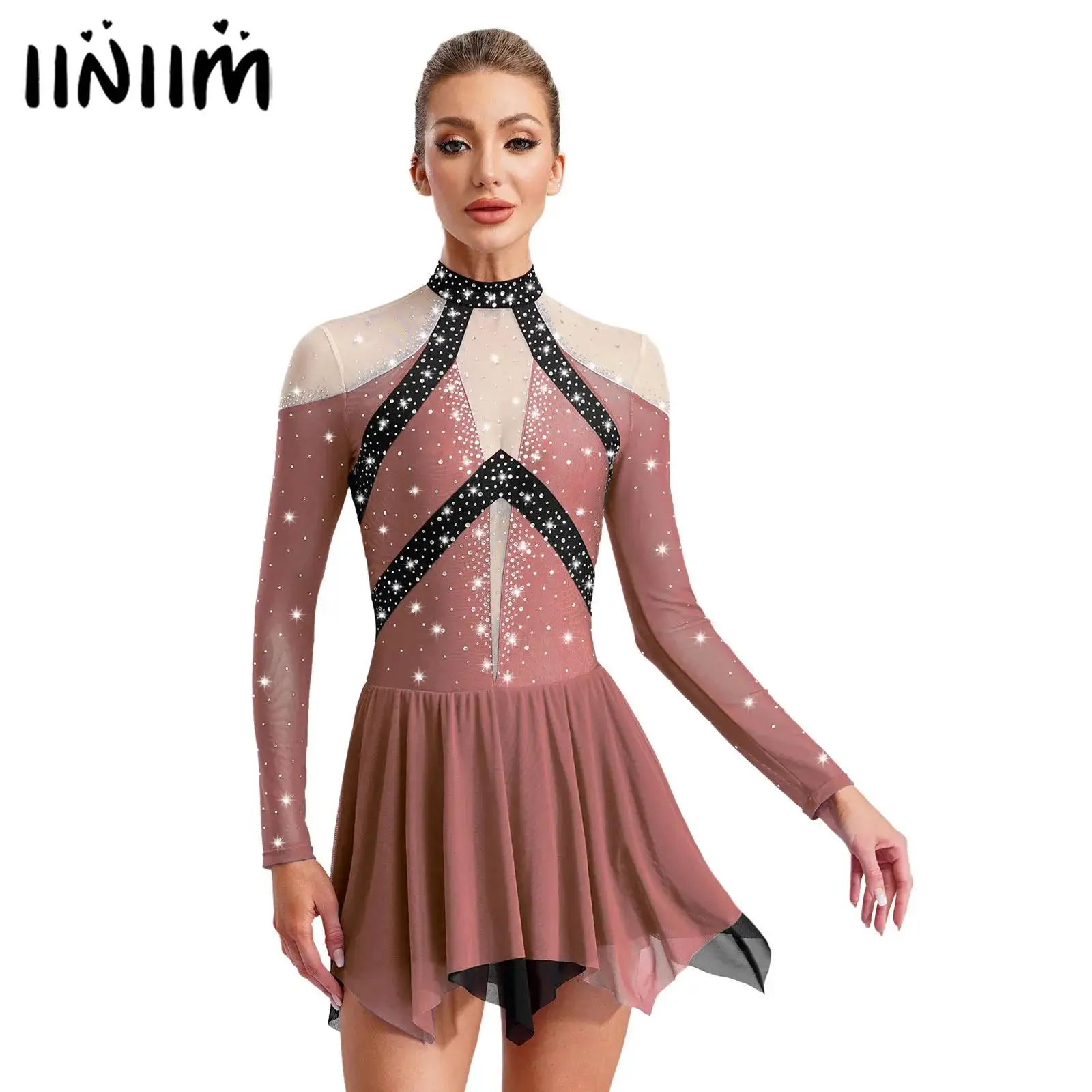 

Womens Adult Gymnatics Artistic Figure Skating Dress Sparkling Rhinestones Ballet Lyrical Dance Performance Costume Dancewear