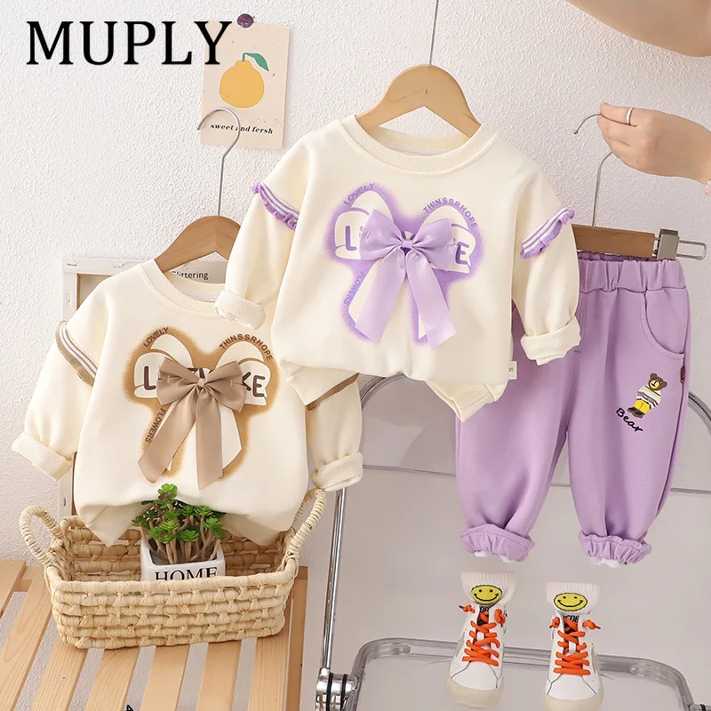 Autumn Kids Toddler Baby Girl Fall Outfits Casual Bow Pattern Ruffled Trim Long Sleeve Sweatshirt Pants Clothes Set
