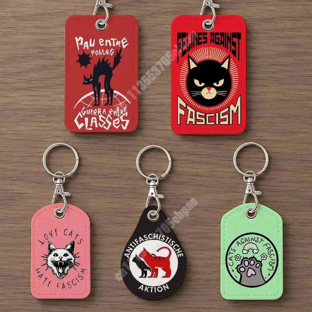Antifascist Antiwar Kitten Cat Leather Keychain Card Holder for Airtag & ID Cards Business Bag Charm