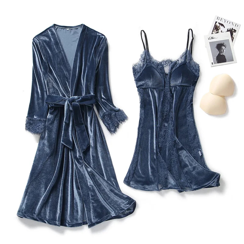 Autumn Winter Velvet Twinset Robe Set Women Sleepwear Sexy Patchwork Lace Nightgown Kimono Bathrobe Gown Loose Velour Home Dress