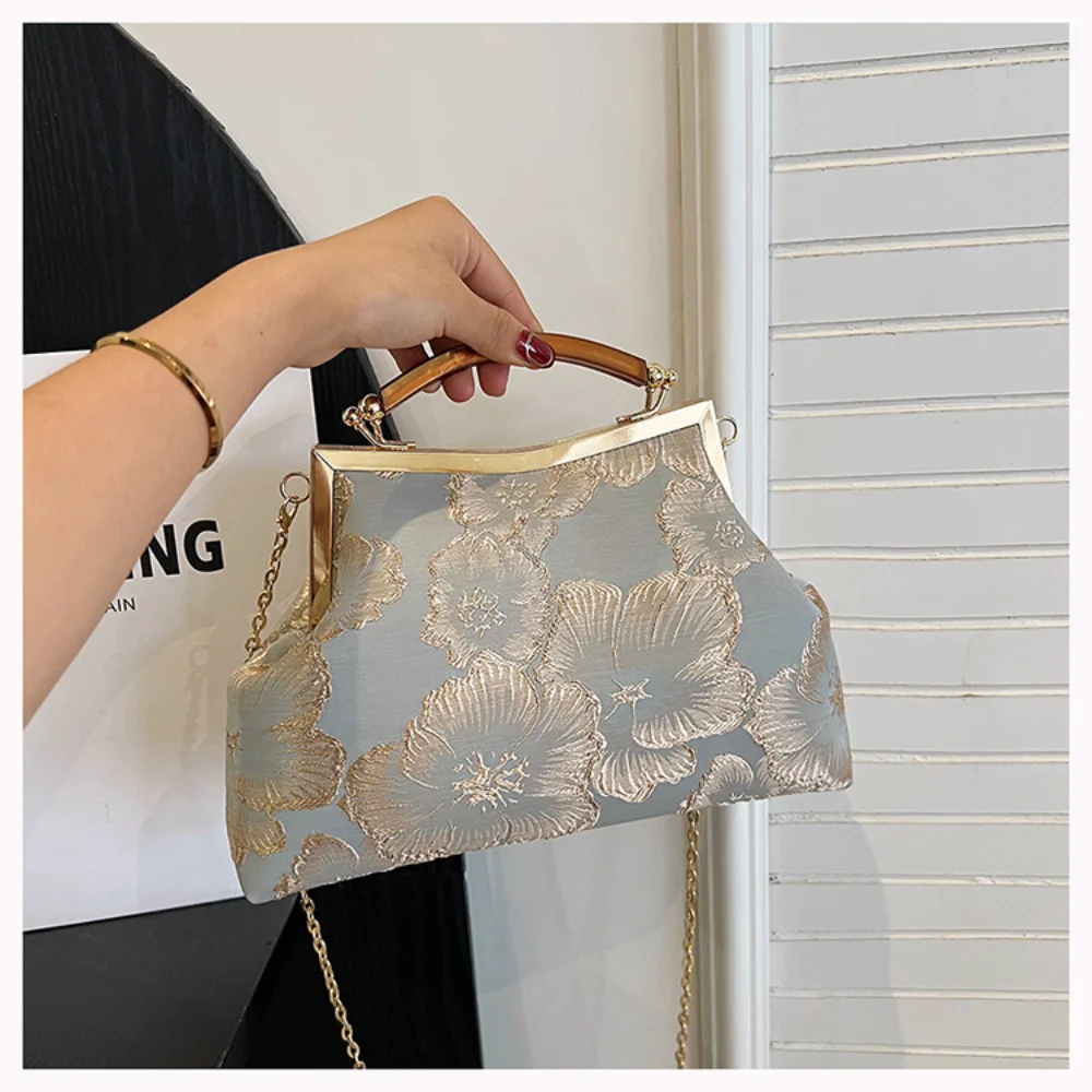 Chinese Flower Embroidery Handbag Chain Shoulder Crossbody Bag Vintage Elegant Evening Clutch Bag Pinch Buckle Shell Phone Pouch