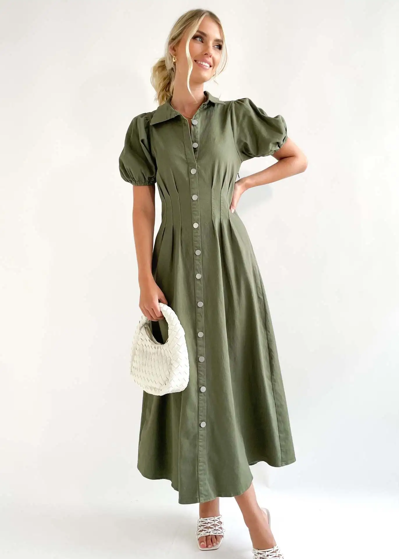 Moda Vestido Vintage para Mulheres Vestido 2023 Verão Puff Mangas Temperamento Lace Up Cintura Camisa Vestido Elegante Vestido Feminino