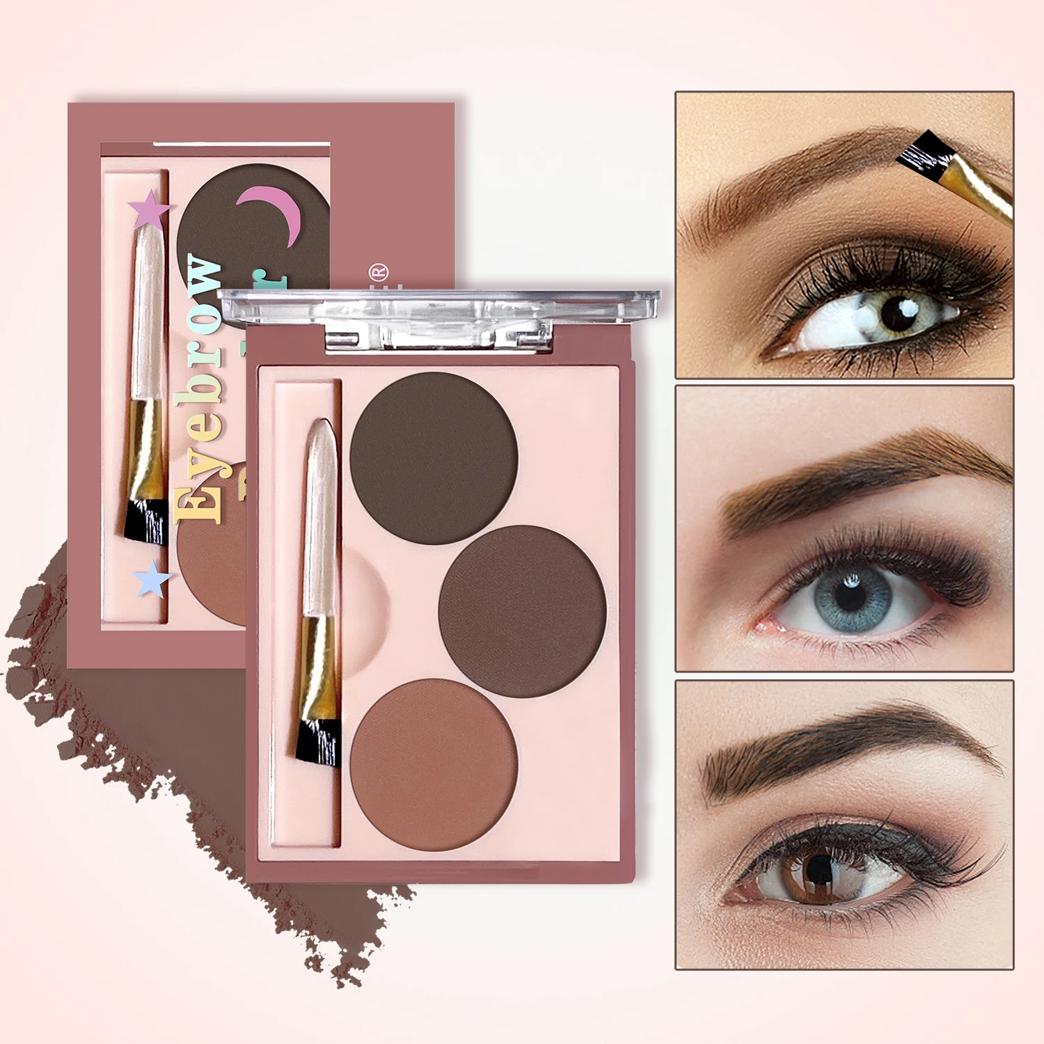 بودرة حواجب بثلاثة ألوان، متعددة الاستخدامات في صندوق واحد، مقاومة للماء، تدوم طويلاً، مكياج سموكي طبيعي، للمبتدئين