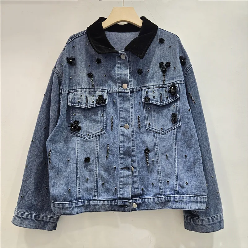 

Denim Jacket Women Vintage Coat Beading Single Breasted Corduroy Lapel Washed Jackets Female Spring 2026 Streetwear Outerwear